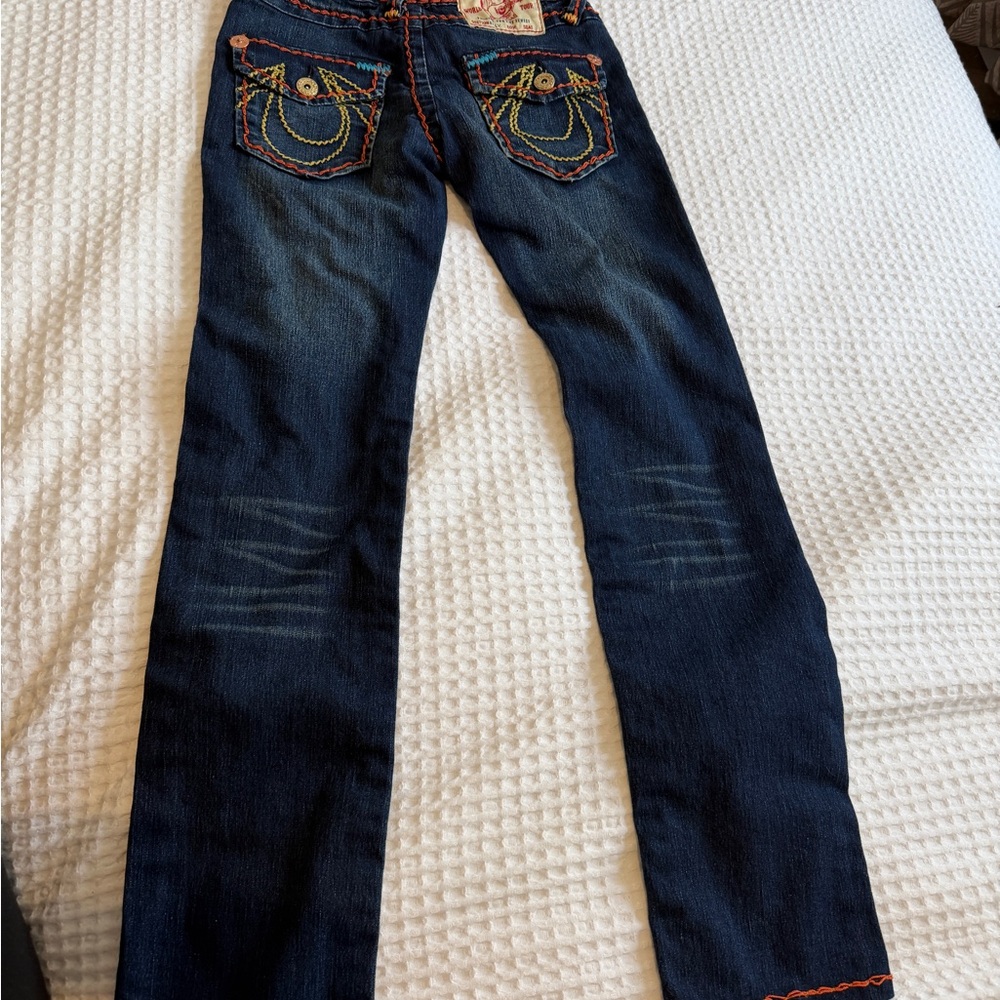 True Religion Dark Blue Yellow & Orange Embroidered Jeans - Picture 3 of 7